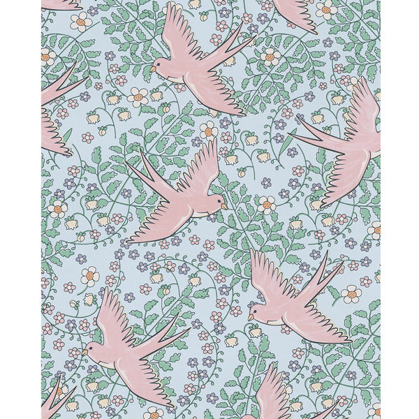 Eijffinger Rice "Everyday Magic" Tapete Vögel Floral in rosa-blau