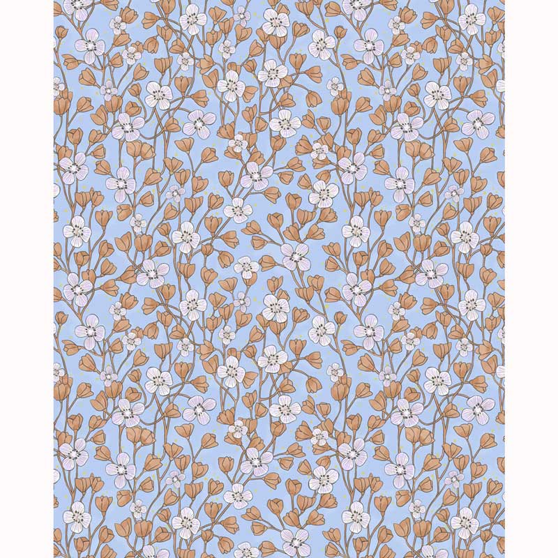 Eijffinger Rice "Everyday Magic two" Tapete blau mit Blumenranken creme/lila/terrakotta