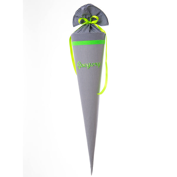 Paula&Ferdinand Schultüte STRIPES dunkelblau, Stick NEON grün, personalisiert
