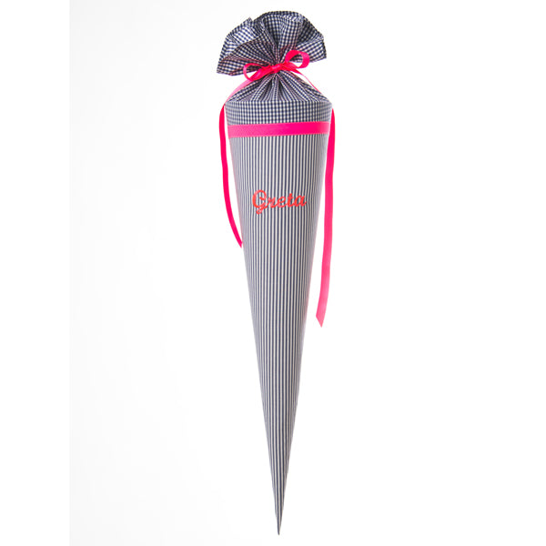 Paula&Ferdinand Schultüte STRIPES dunkelblau, Stick NEON pink, personalisiert