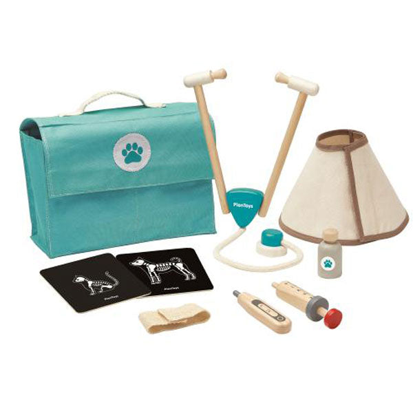 Plantoys Kinderspielzeug Tierarzttasche mit Zubehör 9 tlg. aus Naturholz und Stoff