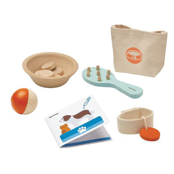 Plantoys Kinderspielzeug Tierpflegetasche mit Zubehör 12 tlg. aus Naturholz und Stoff