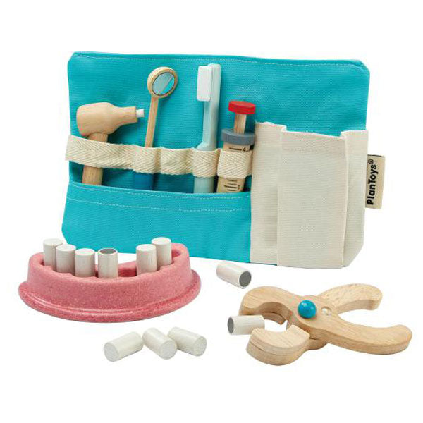 Plantoys Kinderspielzeug Zahnarzttasche mit Zubehör 10 tlg. aus Naturholz und Stoff