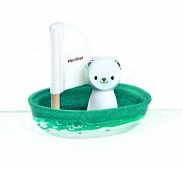 Plantoys Badespielzeug aus Holz Segelboot mit Eisbär ca. 13cm