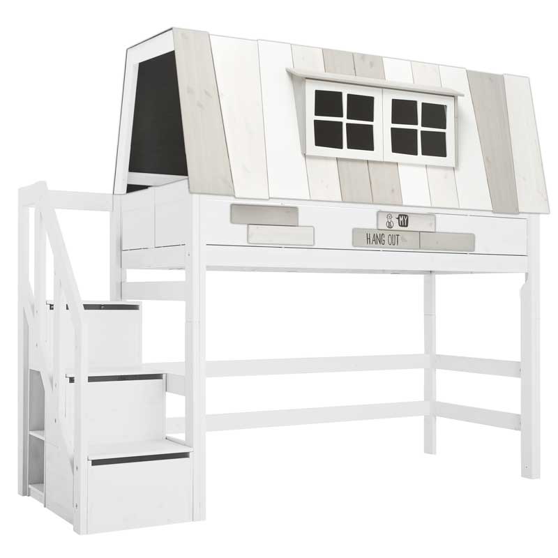 LIFETIME mittelhohes Abenteuerbett Hangout mit Treppe in weiß oder white wash