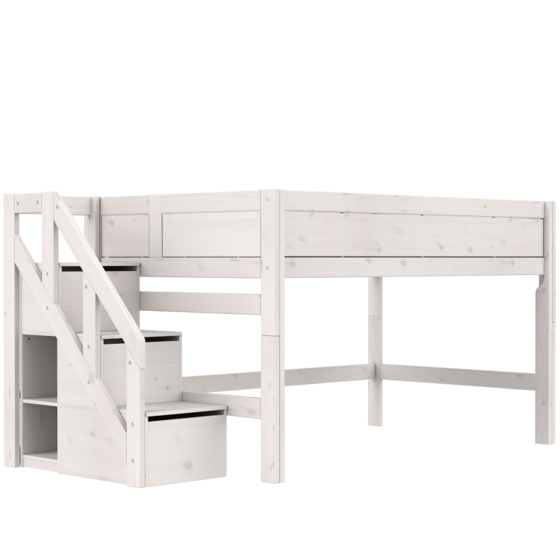 LIFETIME Original Halbhohes Bett mit Treppe in 120x200cm in weiß oder white wash