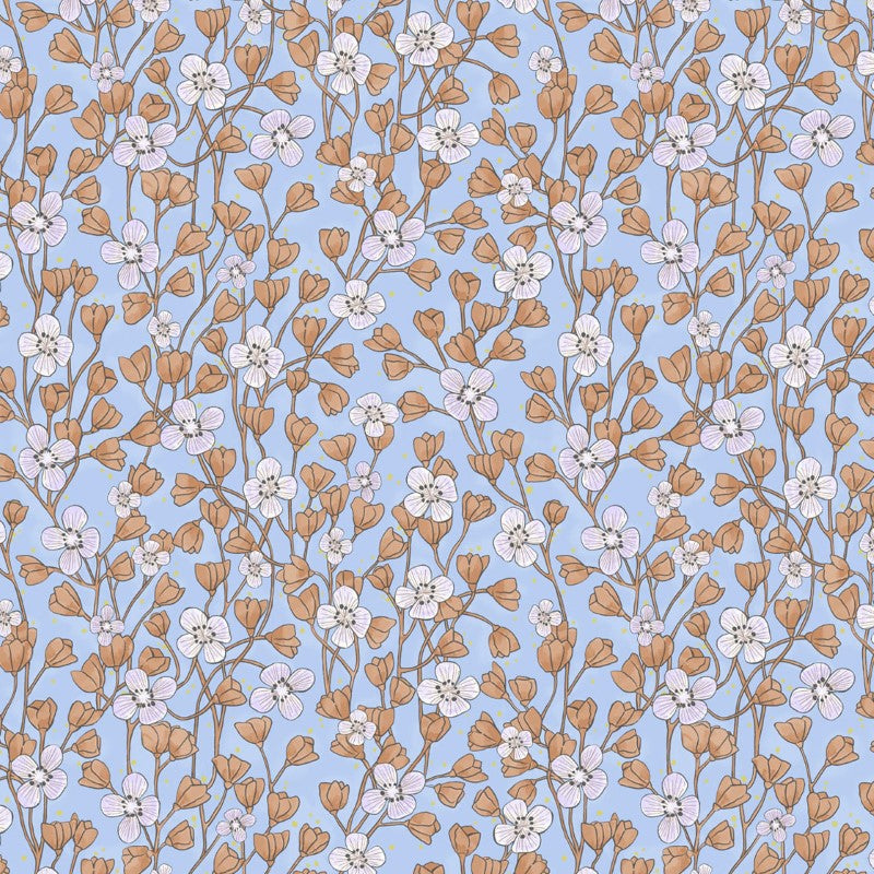 Eijffinger Rice "Everyday Magic two" Tapete blau mit Blumenranken creme/lila/terrakotta