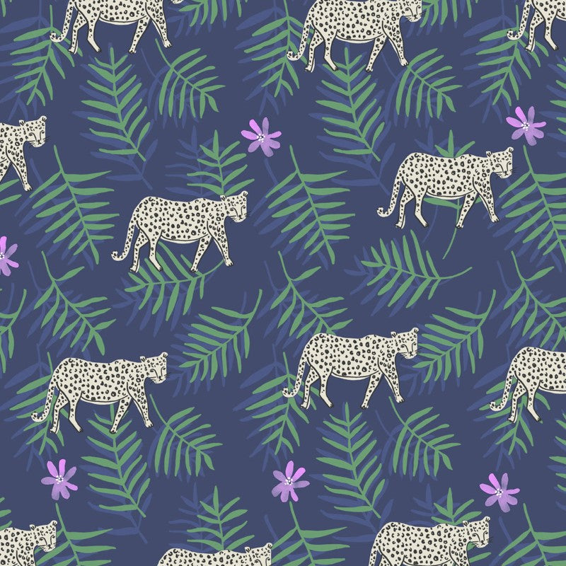 Eijffinger Rice "Everyday Magic two" Tapete blau mit Dschungel-Leoparden-Muster