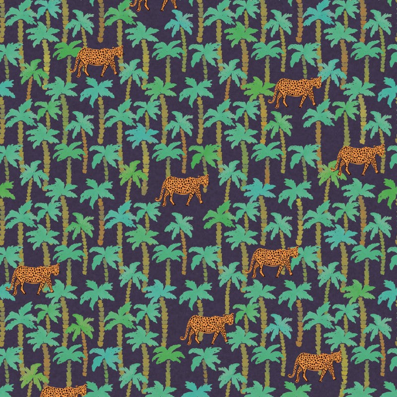 Eijffinger Rice "Everyday Magic two" Tapetenwandbild blau mit Palmen-Leoparden-Muster