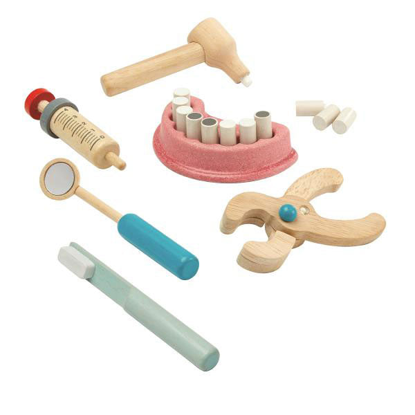 Plantoys Kinderspielzeug Zahnarzttasche mit Zubehör 10 tlg. aus Naturholz und Stoff